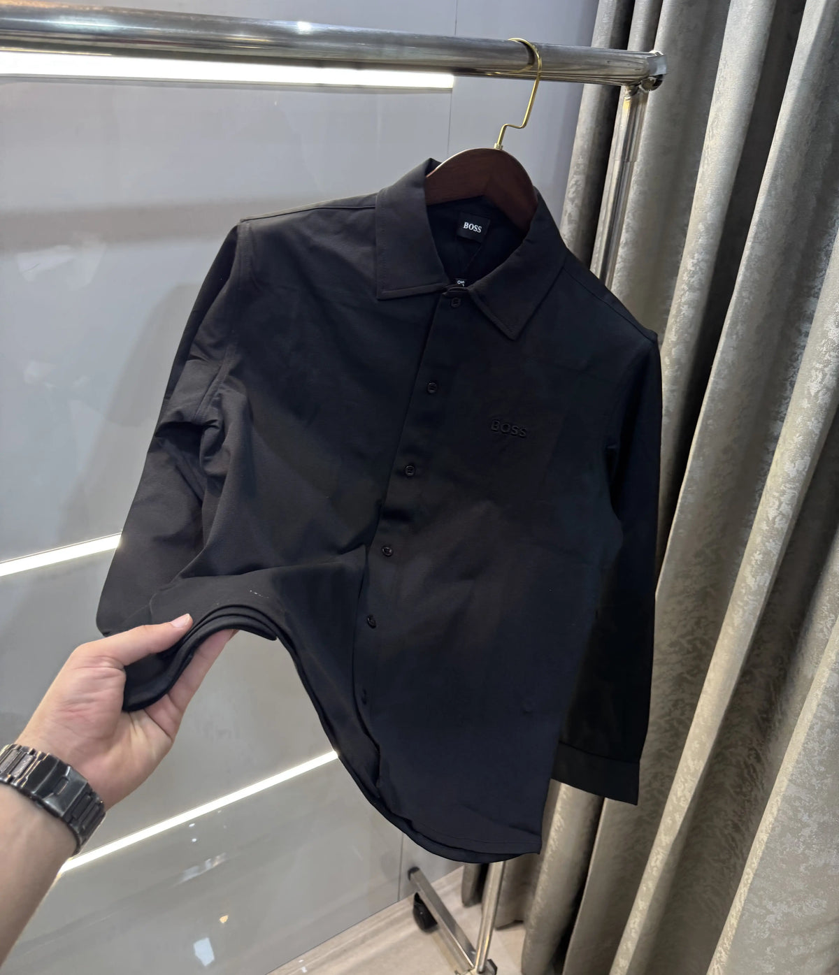 Hu-go Bo-ss Inspired Black Embroidery Logo Imported Shirt