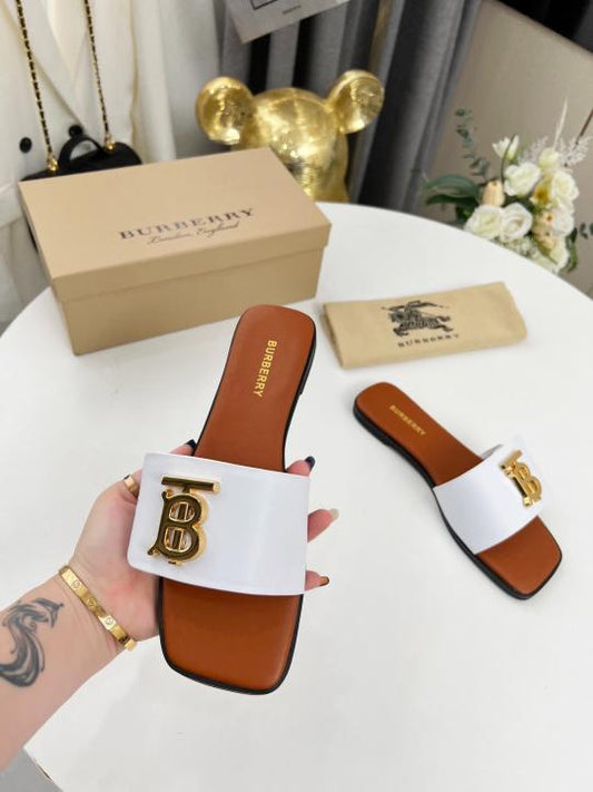 Bur-be-rry TB Monogram Premium Leather Slide With OG Box & Carry Bag