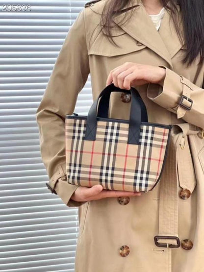 B_rberry Classic Check Tote Hand Bag With OG Box & Dust Bag