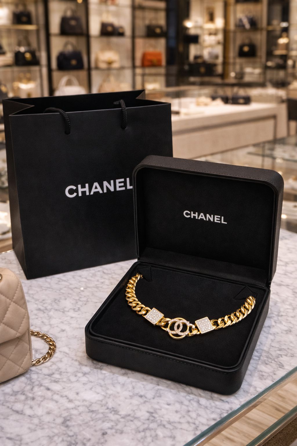 Cha-nel Pearl & Diamond Studded Choker cum Necklace