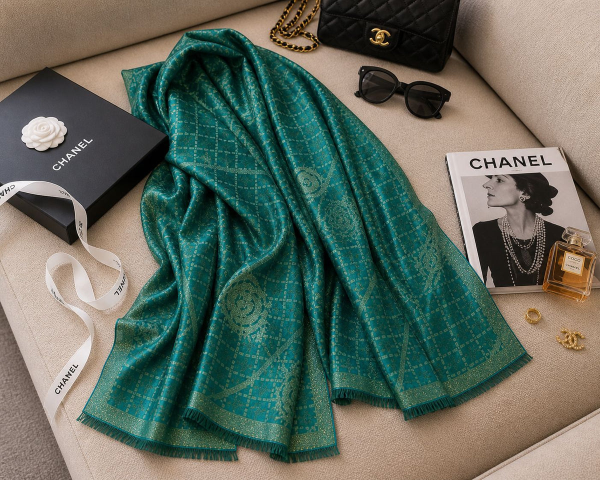 Cha-nel Green floral Shimmer Stole – Premium Semi Cotton Silk Blend