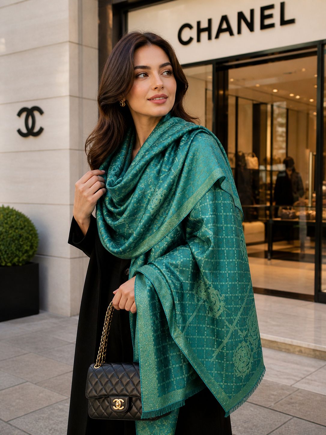 Cha-nel Green floral Shimmer Stole – Premium Semi Cotton Silk Blend
