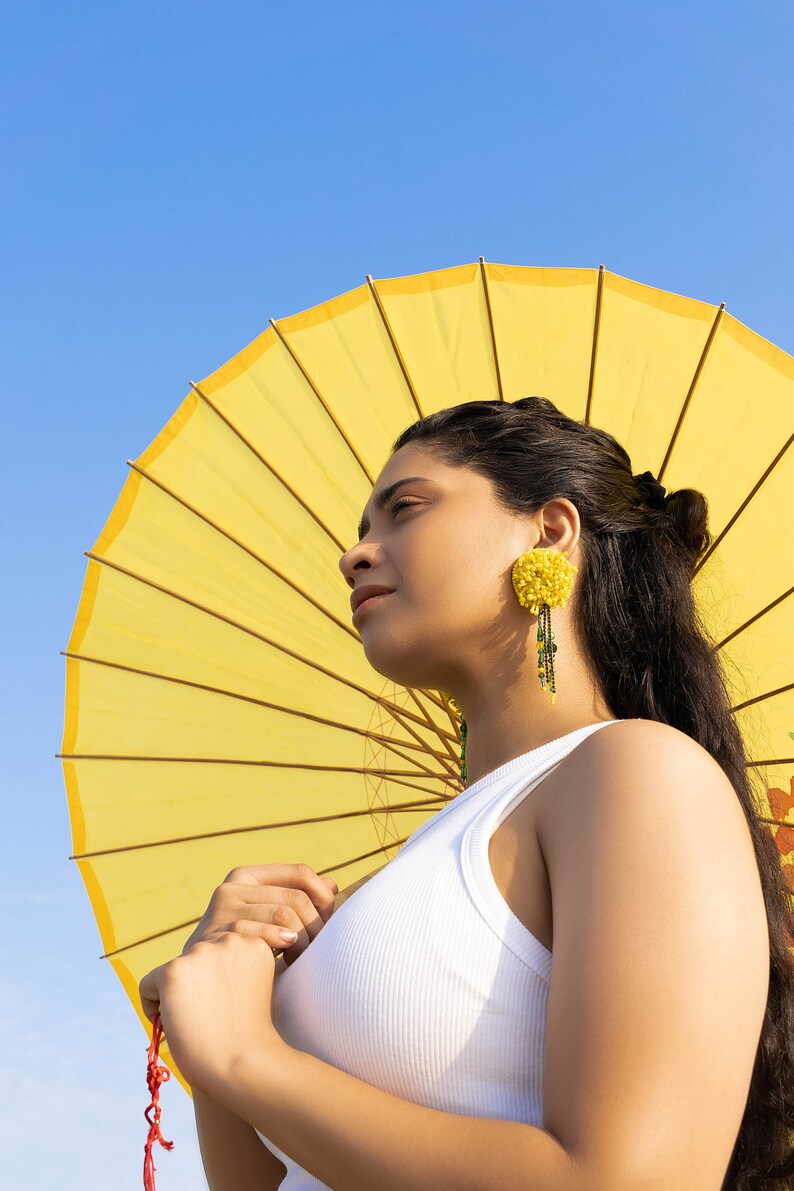 Bright Yellow Dandelion Earrings with Citrine Crystals